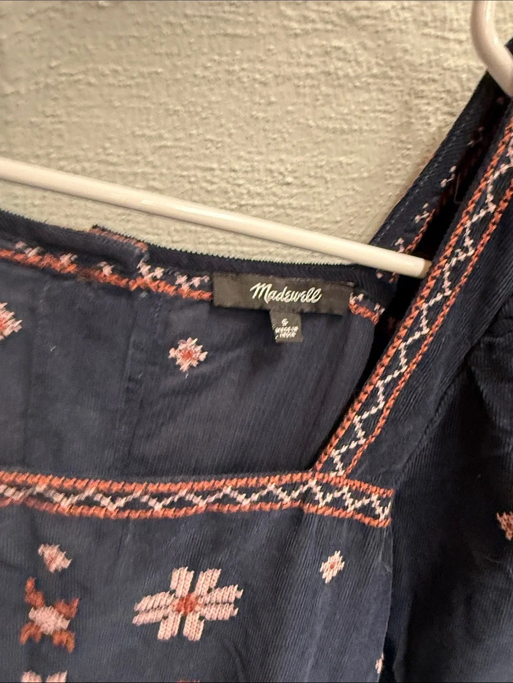 Madewell Navy Blouse with Pink Embroidery